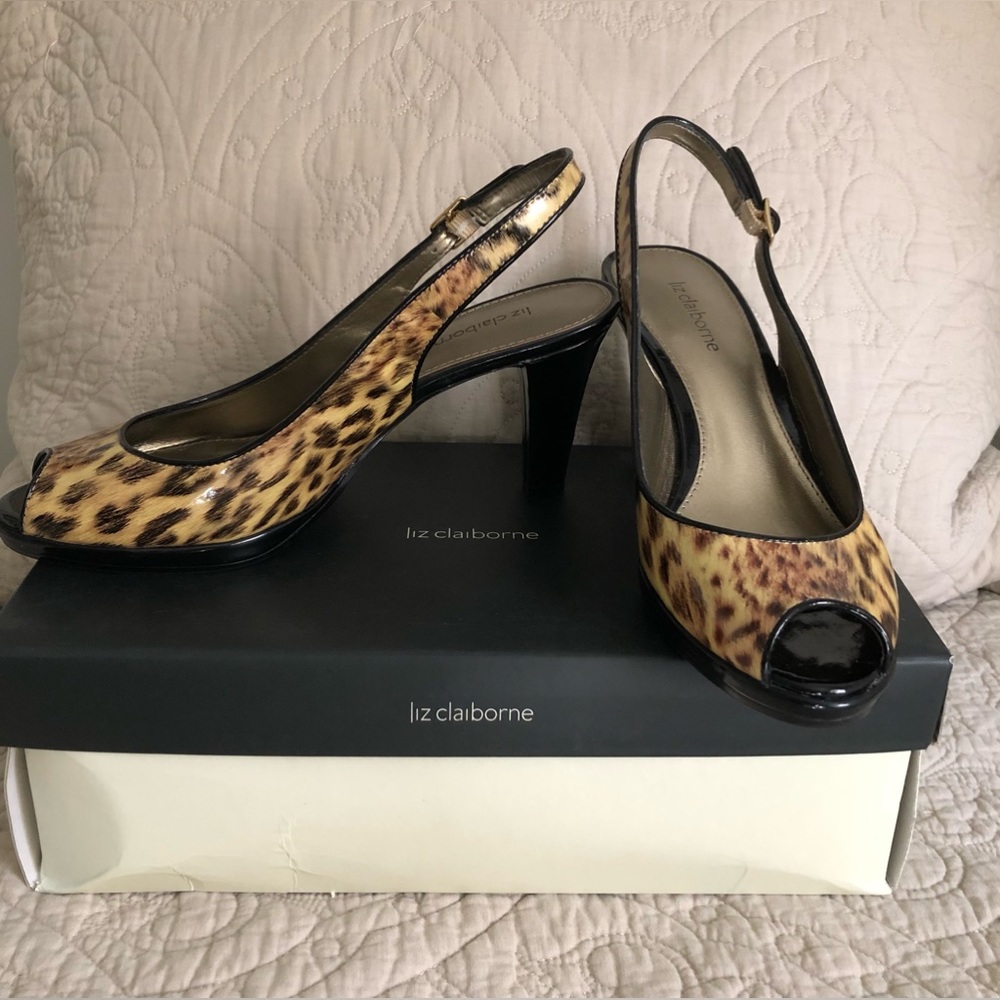 Liz Claiborne, 6 1/2, Leopard Patent Leather Peep Toe